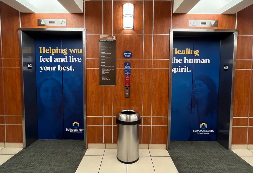 Elevator Wraps in Chapel Hill, NC designed and installed for office cab walls and elevator doors