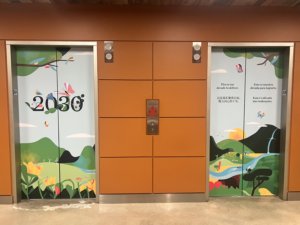 Elevator Wraps in Newport News, VA designed and installed for commercial building interiors and workplace branding