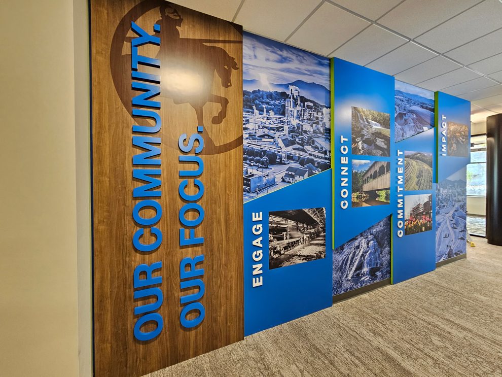 Custom workplace wall graphics created with environmental graphic design in Chapel Hill, NC