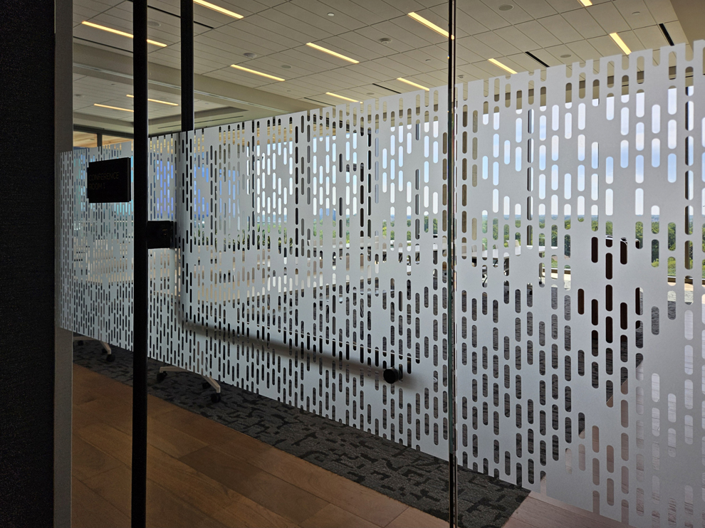 Frosted Vinyl in Chapel Hill, NC designed and installed for company logos and decorative glass panels