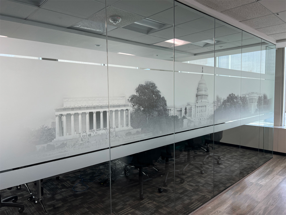 Frosted Vinyl in Durham, NC designed and installed for custom mural graphics and glass branding