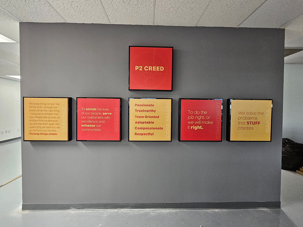 Corporate mission statement wall display installed in Columbia, SC office