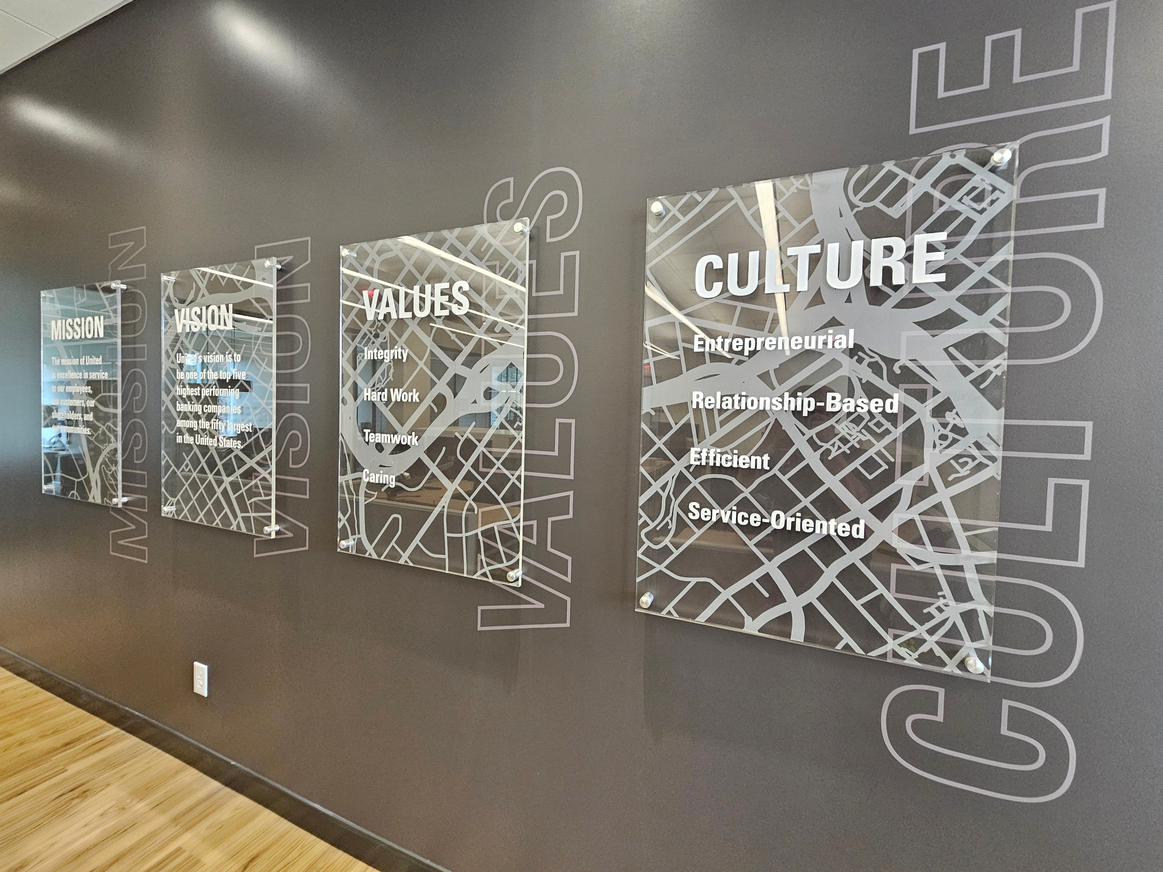 Mission statement wall display installation for workplace branding Raleigh, NC