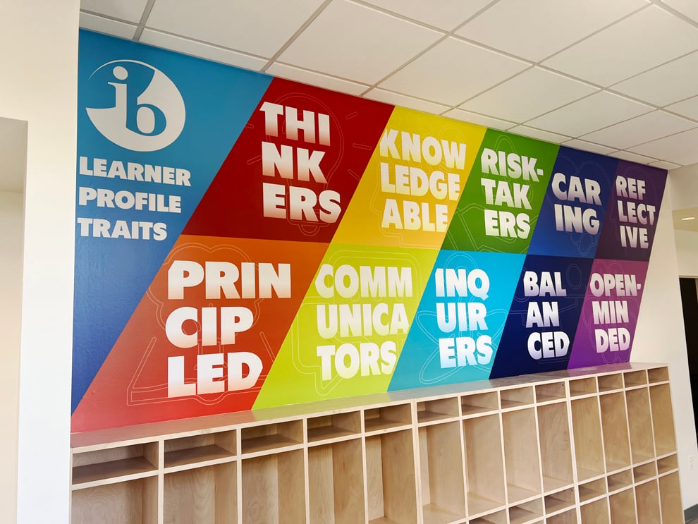 Office lobby wall wrap design for workplace branding in Chesapeake, VA