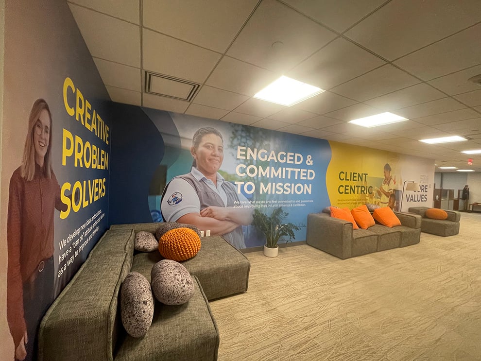 Event venue wall mural with branded graphics near Decatur, GA