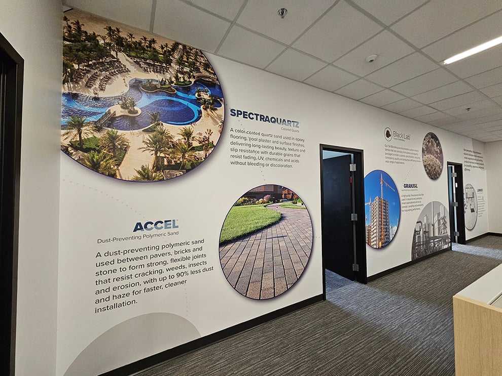 Reception area wall mural with custom branding Decatur, GA office