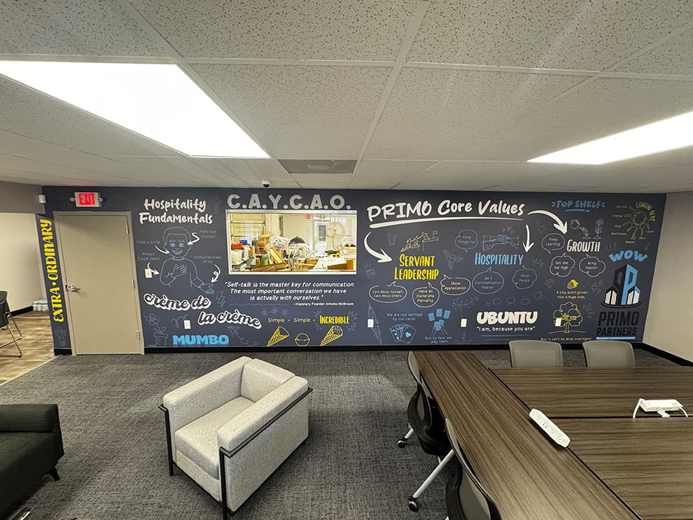 Event space wall mural installed for branding near Decatur, GA