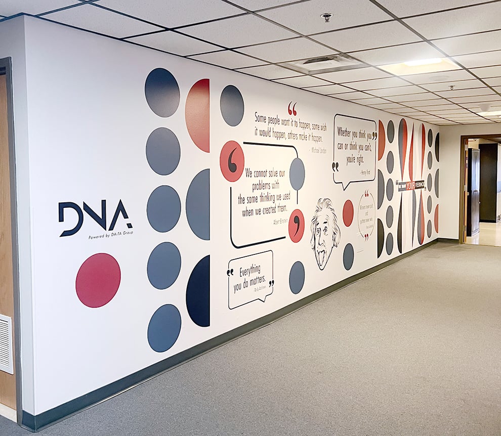 Corporate office wall wrap featuring branded design in Decatur, GA