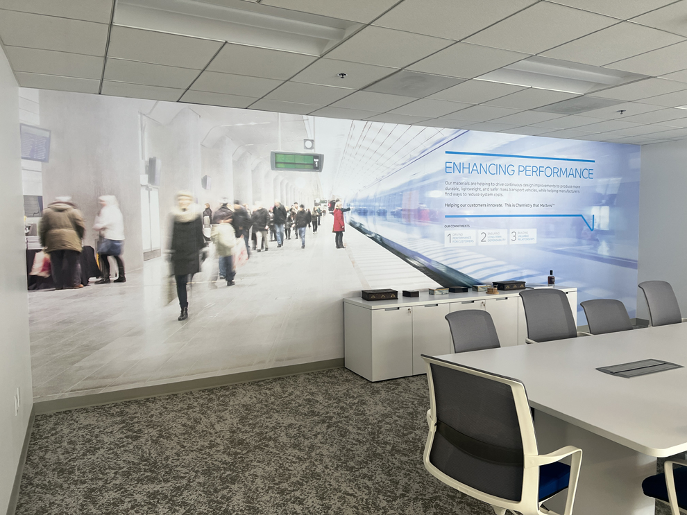 Branded conference room wall wrap design for workplace in Virginia Beach, VA