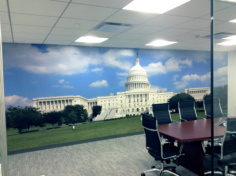 Branded workplace wall wrap mural installation in Virginia Beach, VA