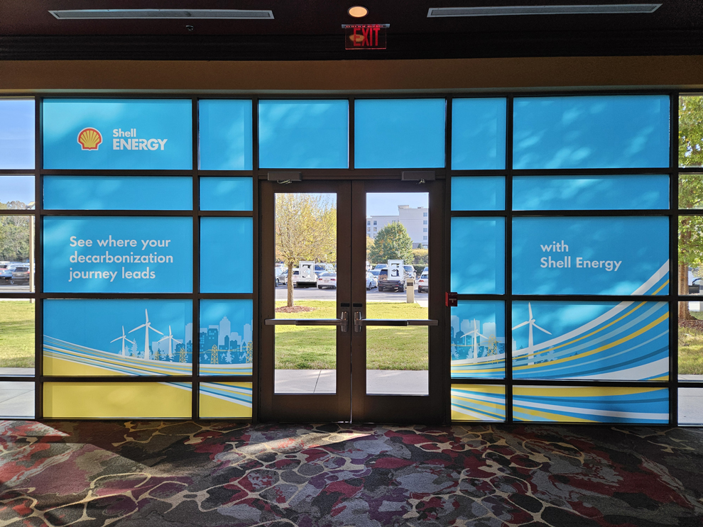 Branded window graphics on office glass walls in Chapel Hill, NC