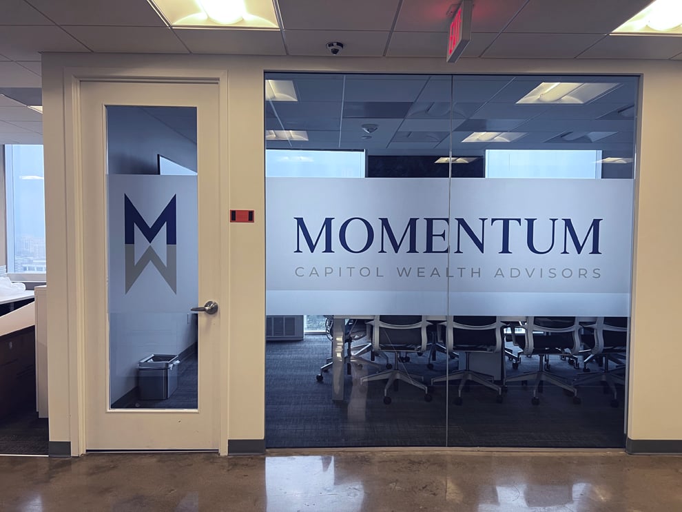 Perforated window graphics on office glass for privacy & branding in Durham, NC