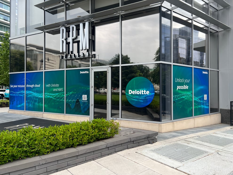 Office lobby window graphics with company branding in Durham, NC