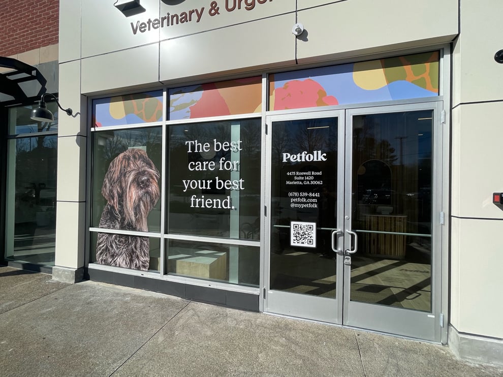 Veterinary office window graphics with custom branding