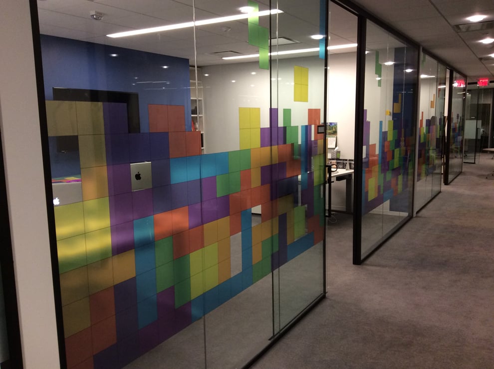Decorative branded window graphics for workplace interiors Orlando, FL